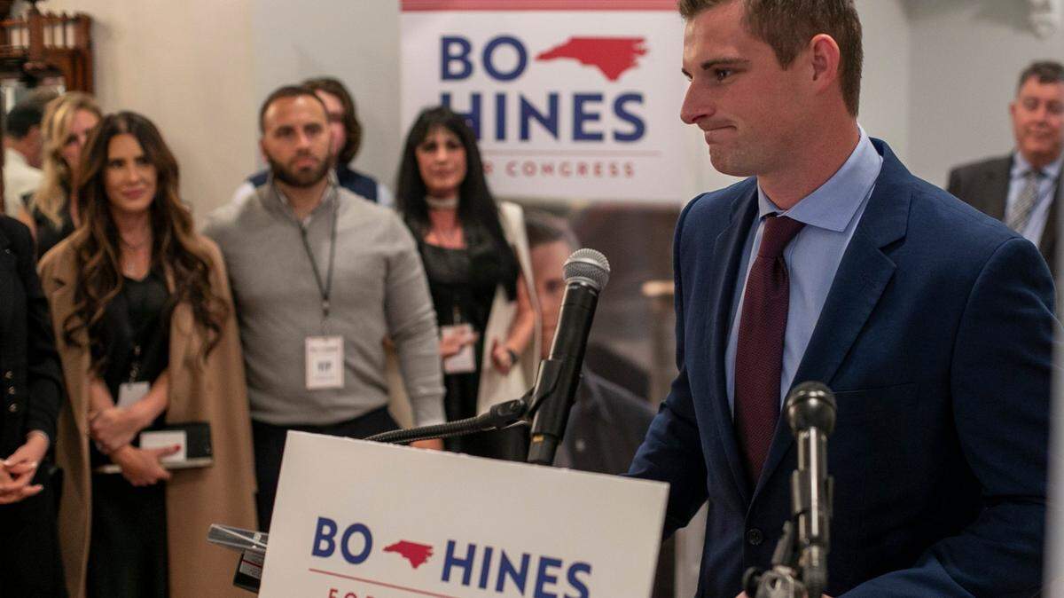 Bo Hines, candidate for the US House District 13, addresses his supporters as he concedes to opponent Wiley Nickel at the Norris House on Tuesday, November 8, 2022 in Raleigh, N.C.