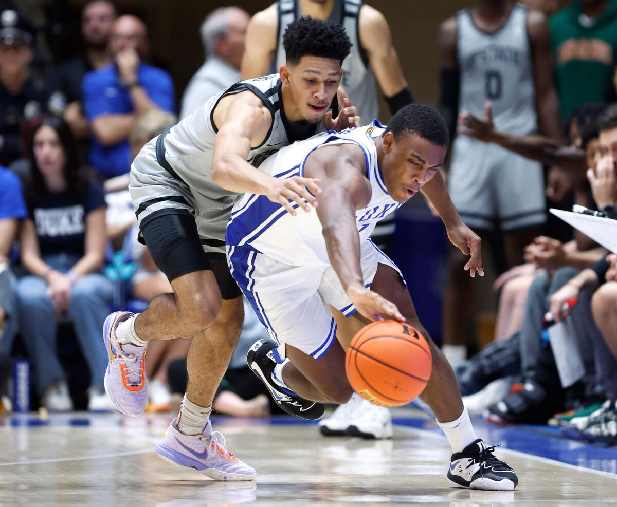Duke’s Jaylen Blakes (2) steals the ball from USC Upstate’s Floyd Rideau Jr. (14) during the second half of Duke’s 84-38 victory over USC Upstate at Cameron Indoor Stadium in Durham, N.C., Friday, Nov. 11, 2022.