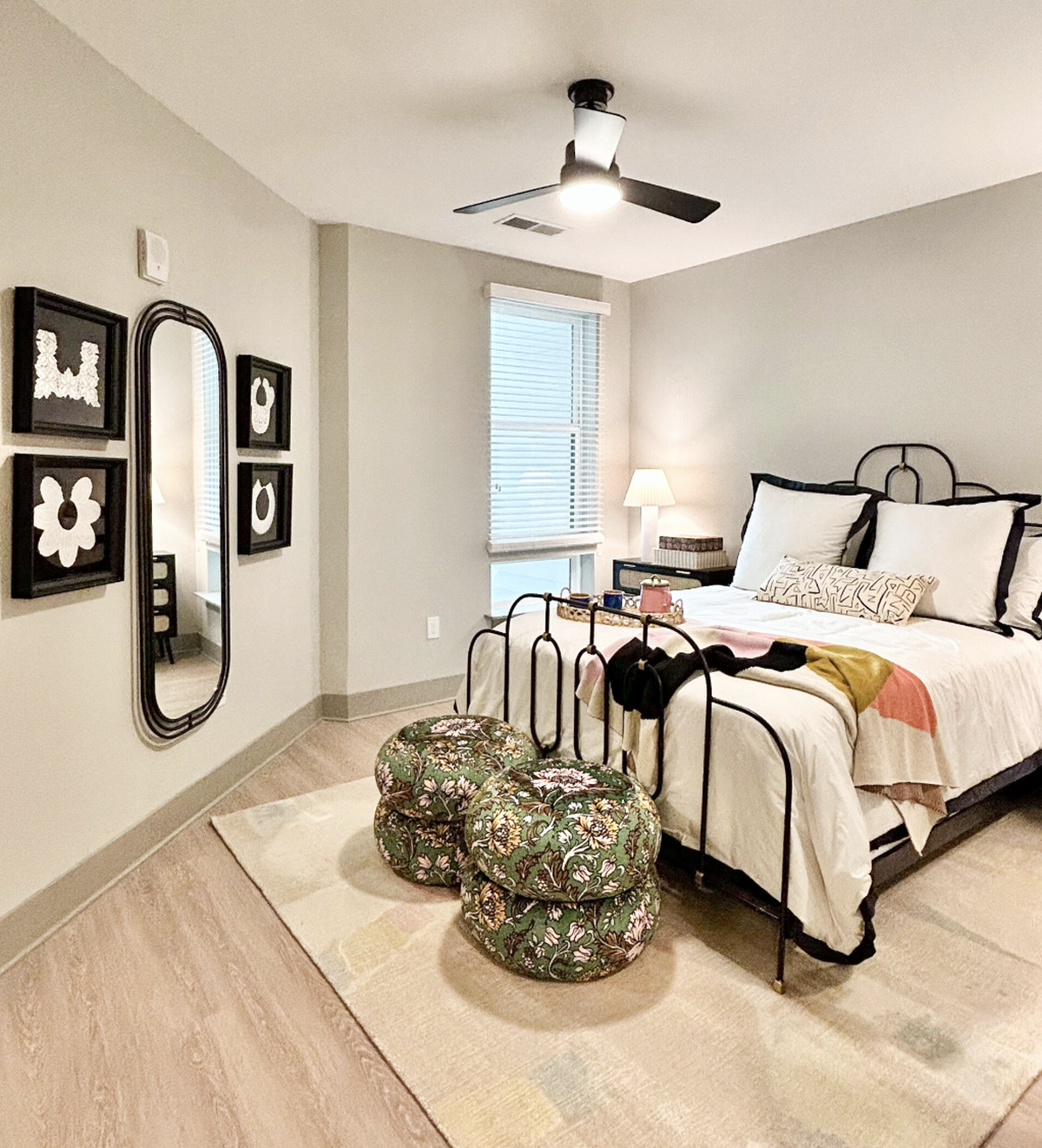A model bedroom in Platform, a new 442-unit, “amenity-rich” apartment community on West Cabarrus Street.