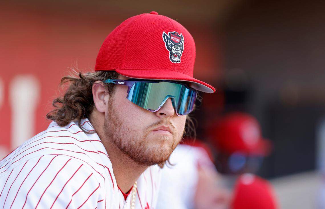 N.C. State’s Tommy White (47) looks over the field before the Wolfpack’s game against UNC at Doak Field in Raleigh, N.C., Friday, May 6, 2022.