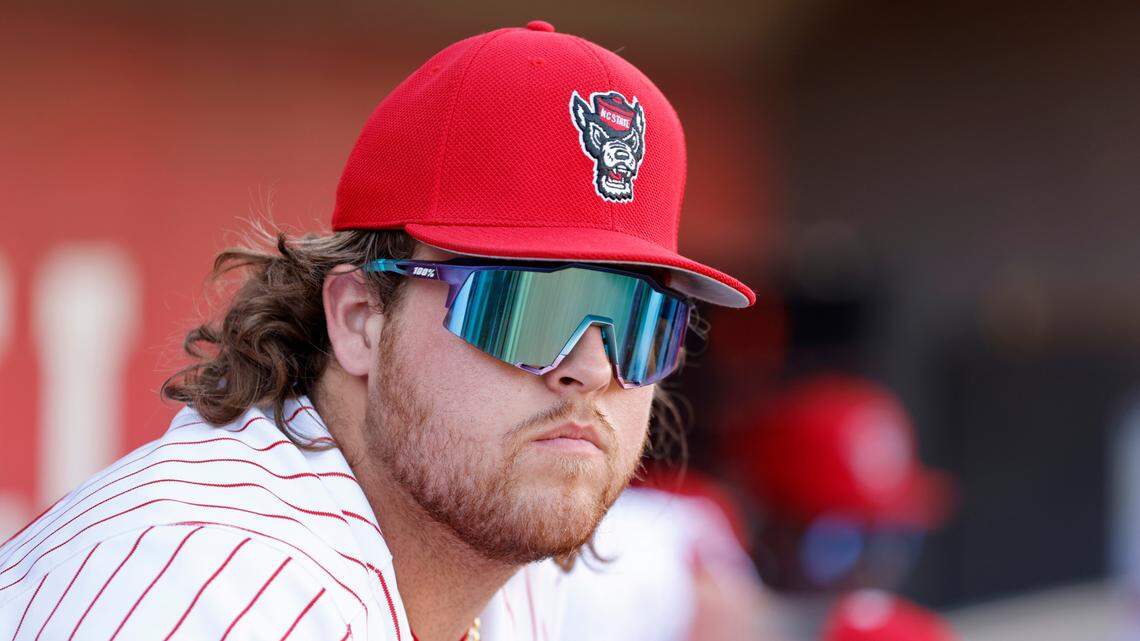 N.C. State’s Tommy White (47) looks over the field before the Wolfpack’s game against UNC at Doak Field in Raleigh, N.C., Friday, May 6, 2022.
