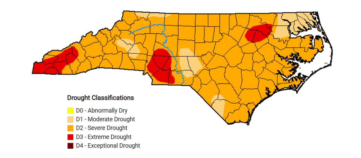 All 100 counties in North Carolina were in some level of drought as of March 31, 2026. Some rain has fallen recently but meteorologists say the state really needs days of slow, soaking rain to make up for months of deficit.