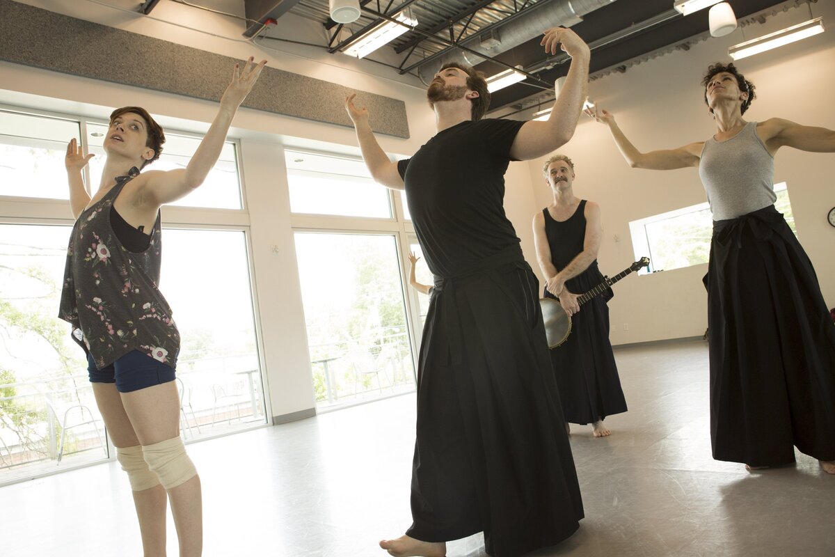 A rehearsal of “54 Strange Words” which will have its world premiere June 21-24th at The Fruit in Durham.