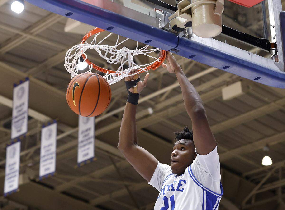 Duke’s Patrick Ngongba II slams in two during the first half of the Blue Devils’ 97-73 win over Lipscomb on Tuesday, Dec. 16, 2025, at Cameron Indoor Stadium in Durham, N.C.
