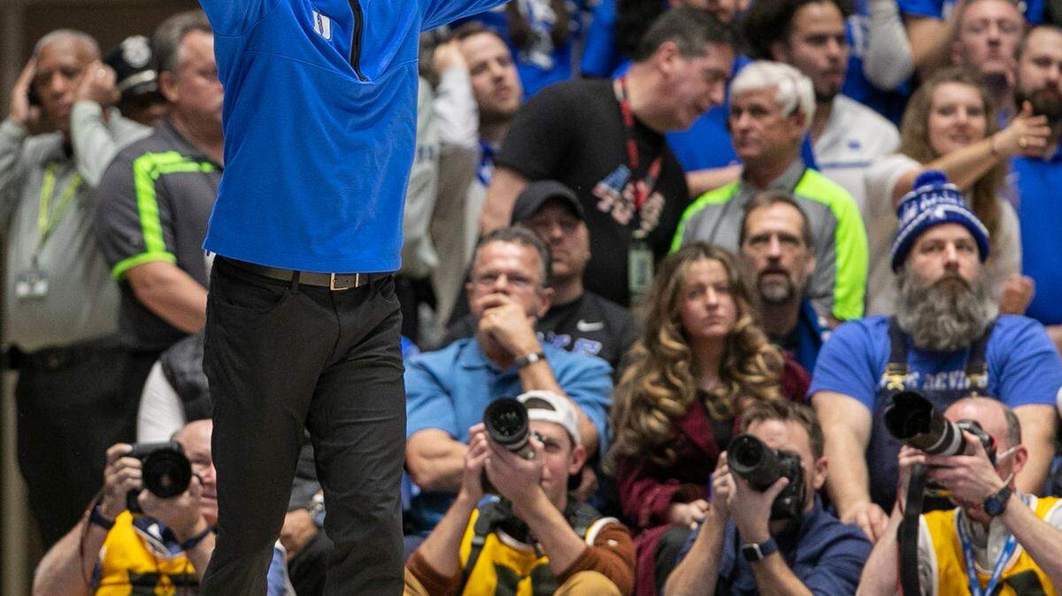 Duke coach Jon Scheyer reacts to a call against his team in the second half against North Carolina on Saturday, February 4, 2023 at Cameron Indoor Stadium in Durham, N.C.