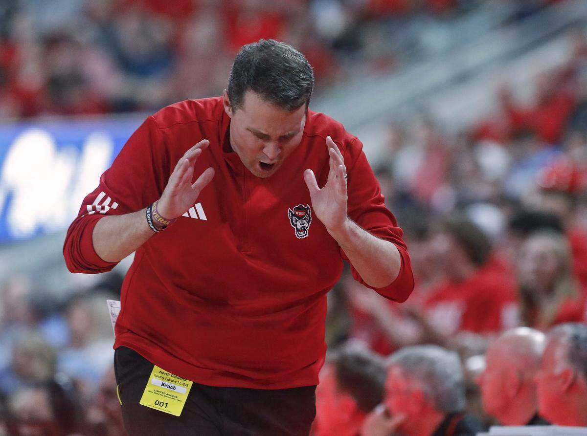 N.C. State head coach Will Wade reacts to a call during the second half of the Wolfpack’s 82-58 win over North Carolina on Tuesday, Feb. 17, 2026, at Lenovo Center in Raleigh, N.C.