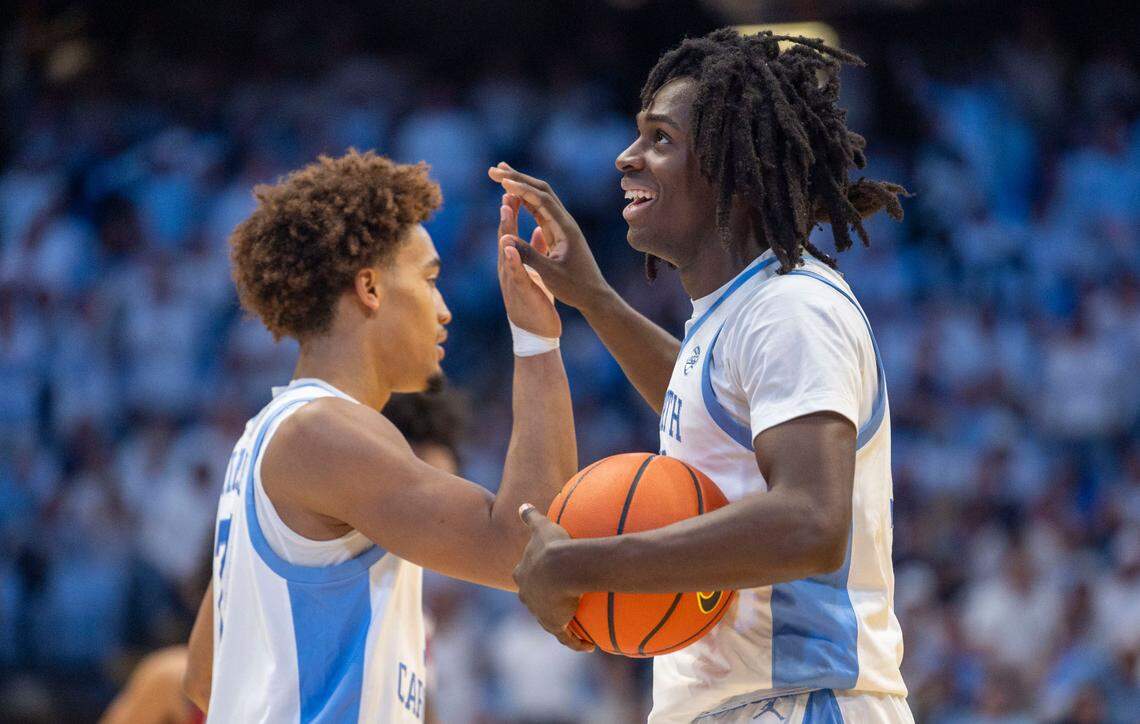North Carolina guard Ian Jackson (11) reacts after being called for a foul in the first half against Alabama on Wednesday, December 4, 2024 at the Smith Center in Chapel Hill, N.C.