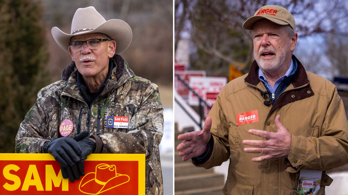 Candidates Sam Page (left) and Sen. Phil Berger (right) campaign in Rockingham County, Tuesday, Feb. 24, in advance of the Republican primary.