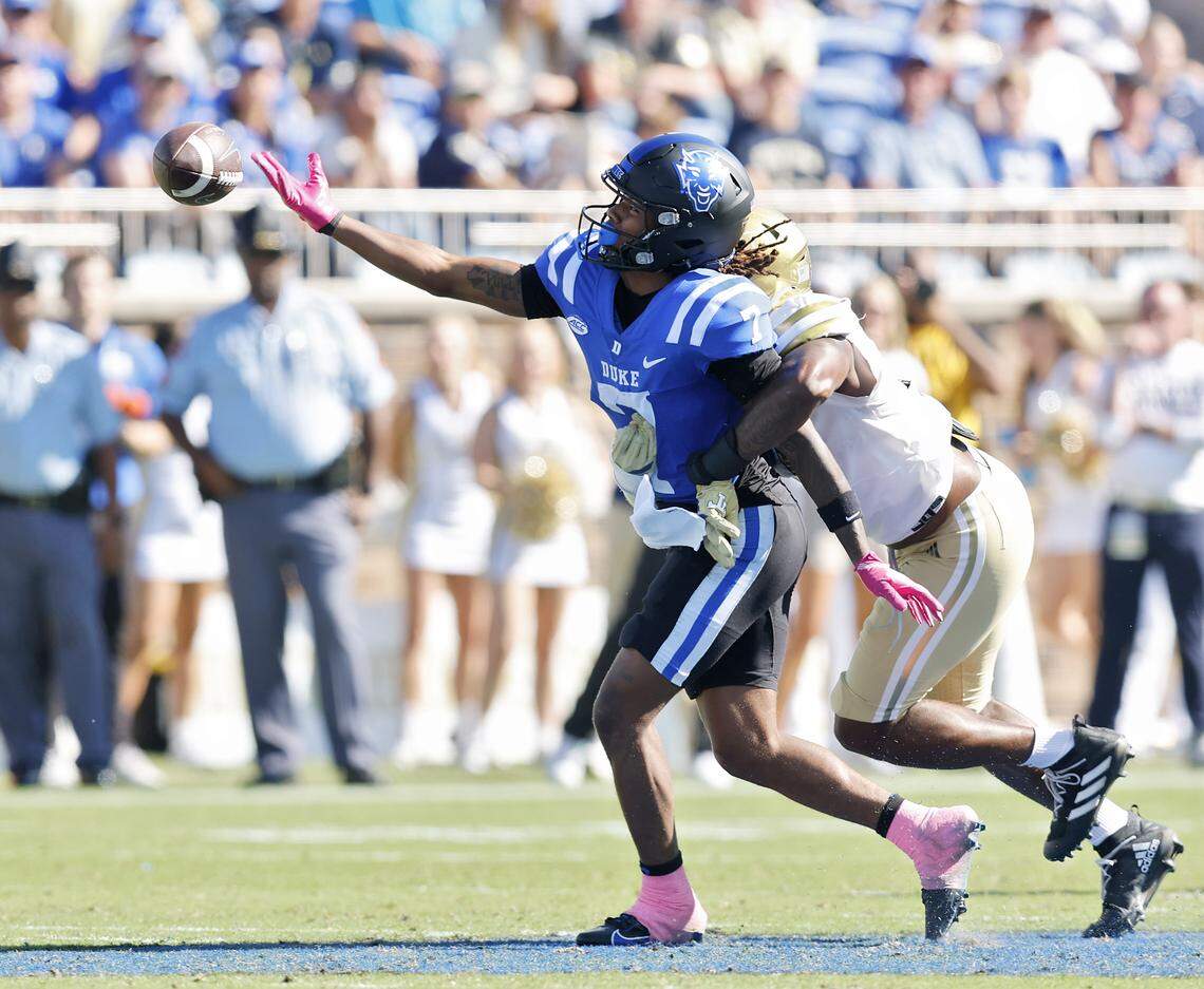 Duke’s Que'Sean Brown is pressured by Georgia Tech’s Melvin Jordan IV during the second half of the Blue Devils’ 27-18 loss on Saturday, Oct. 18, 2025, at Wallace Wade Stadium in Durham, N.C.