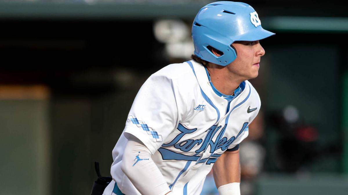 Vance Honeycutt of the University of North Carolina baseball team watches a batted ball against Appalachian State at Boshamer Stadium in Chapel Hill, NC, on Tuesday, March 22, 2022.