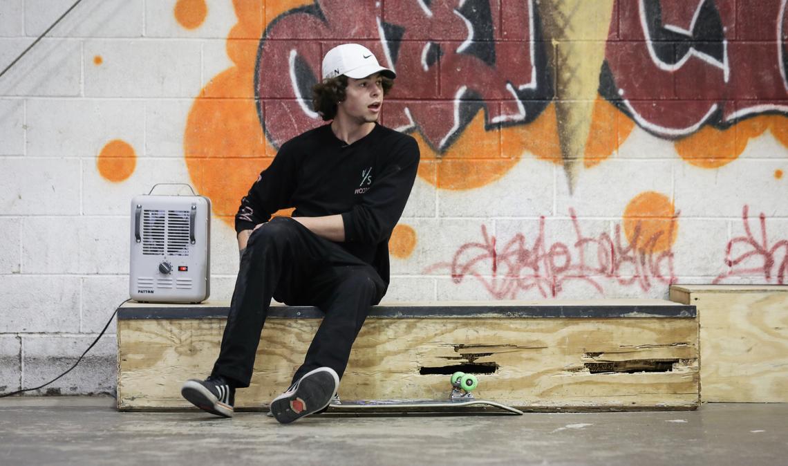 Bryce Hoover takes a break from skating at The Factory, a skate park in Wake Forest, NC on March 25, 2018. He and Caleb have skated together since they were kids. He thinks Caleb might have become a professional skater. "He was the best skater in the group, by far," he said.