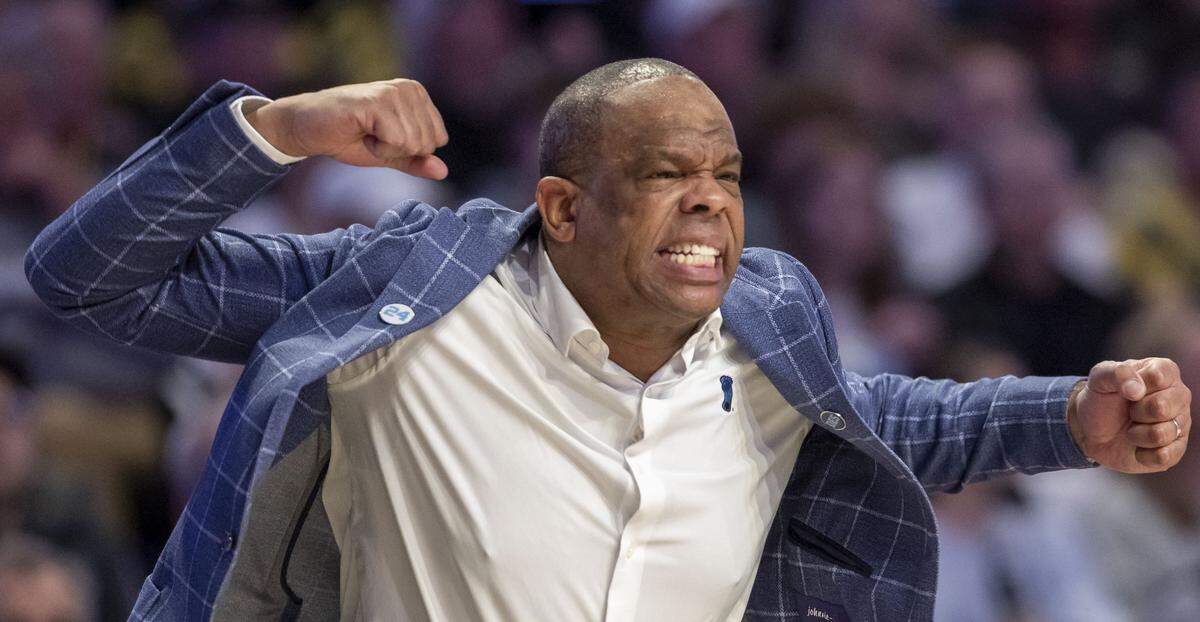 North Carolina coach Hubert Davis reacts to a turnover by his team in the first half against Wake Forest on Tuesday, January 21, 2025 at Lawrence Joel Coliseum in Winston-Salem, N.C.