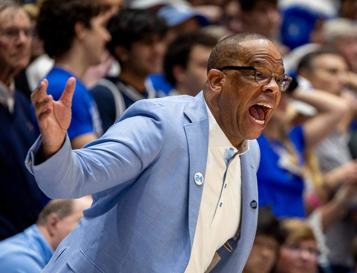 North Carolina coach Hubert Davis directs his team during the first half against Duke on Saturday, March 9, 2024 at Cameron Indoor Stadium in Durham, N.C.
