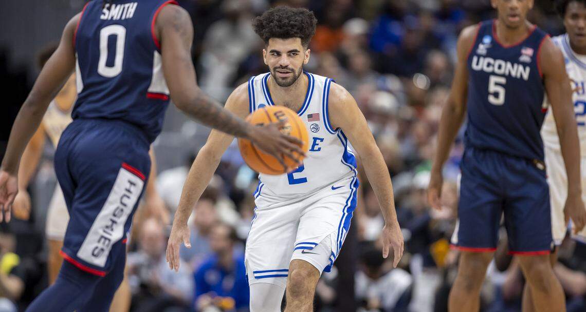 Duke guard Cayden Boozer (2) flashes a smile as the Blue Devils open a lead over Connecticut in the first half on Sunday, March 29, 2026, in the NCAA East Regional Championship, at Capital One Arena in Washington, D.C.