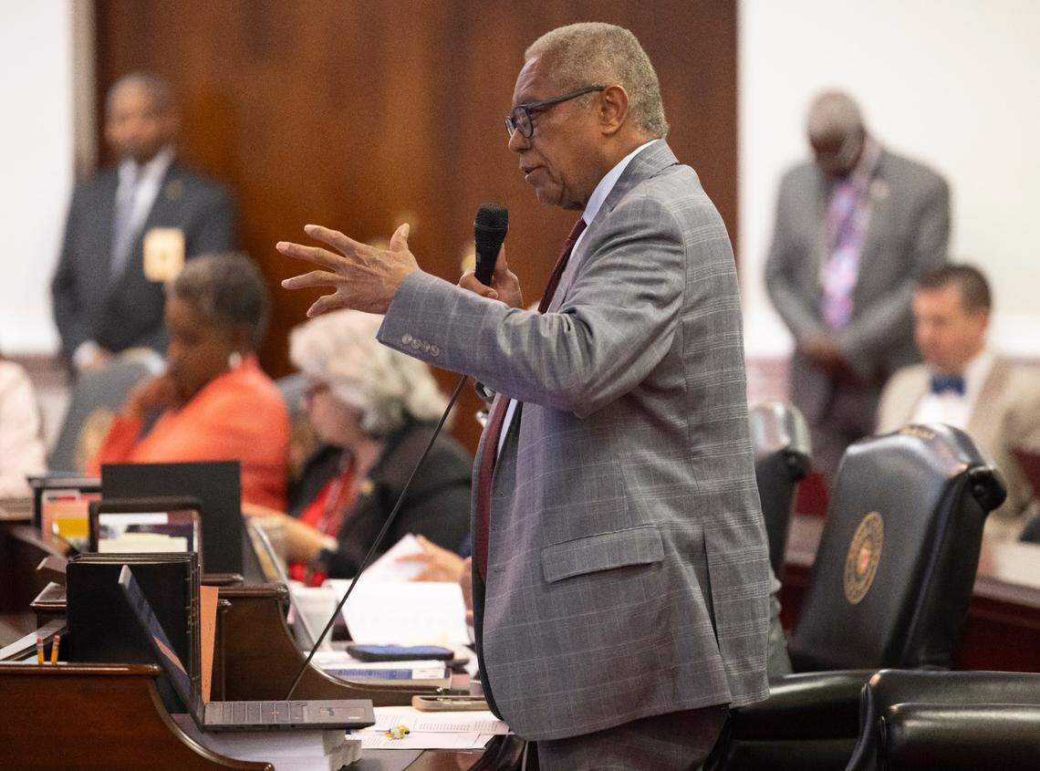 Senator Dan Blue offers an amendment calling for funding for additional District Attorneys for Wake County during debate of the Senate Budget proposal on Wednesday, April 16, 2025 at the General Assembly in Raleigh, N.C.