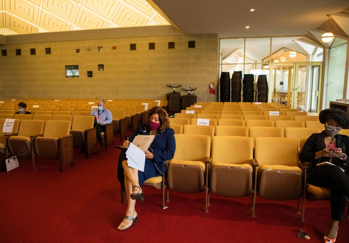 Sen. Erica Smith takes notes during a press conference on Wednesday, May 20, 2020, in the North Carolina Legislative Building in Raleigh, N.C.