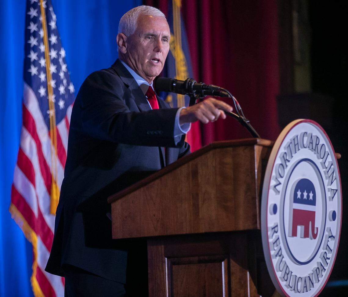 Former Vice President Mike Pence addresses the North Carolina Republican Party Convention at the Koury Convention Center on Saturday, June 10, 2023 in Greensboro, N.C.