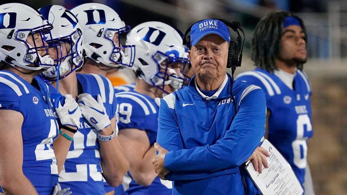 Duke head coach David Cutcliffe walks the sidelines during the second half of an NCAA college football game against Louisville in Durham, N.C., Thursday, Nov. 18, 2021. (AP Photo/Gerry Broome)
