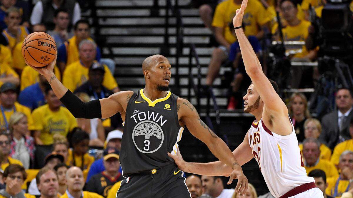 Golden State Warriors forward David West (3) handles the ball against Cleveland Cavaliers forward Larry Nance Jr. (22) during the second quarter in game two of the 2018 NBA Finals at Oracle Arena.