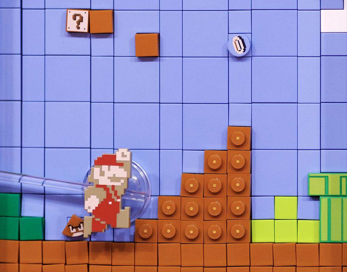 A detail of Mario on a television set, part of a Nintendo Entertainment System Lego set built by N.C. State guard Zamareya Jones, is pictured on Saturday, Jan. 3, 2026, in Raleigh, N.C. 
