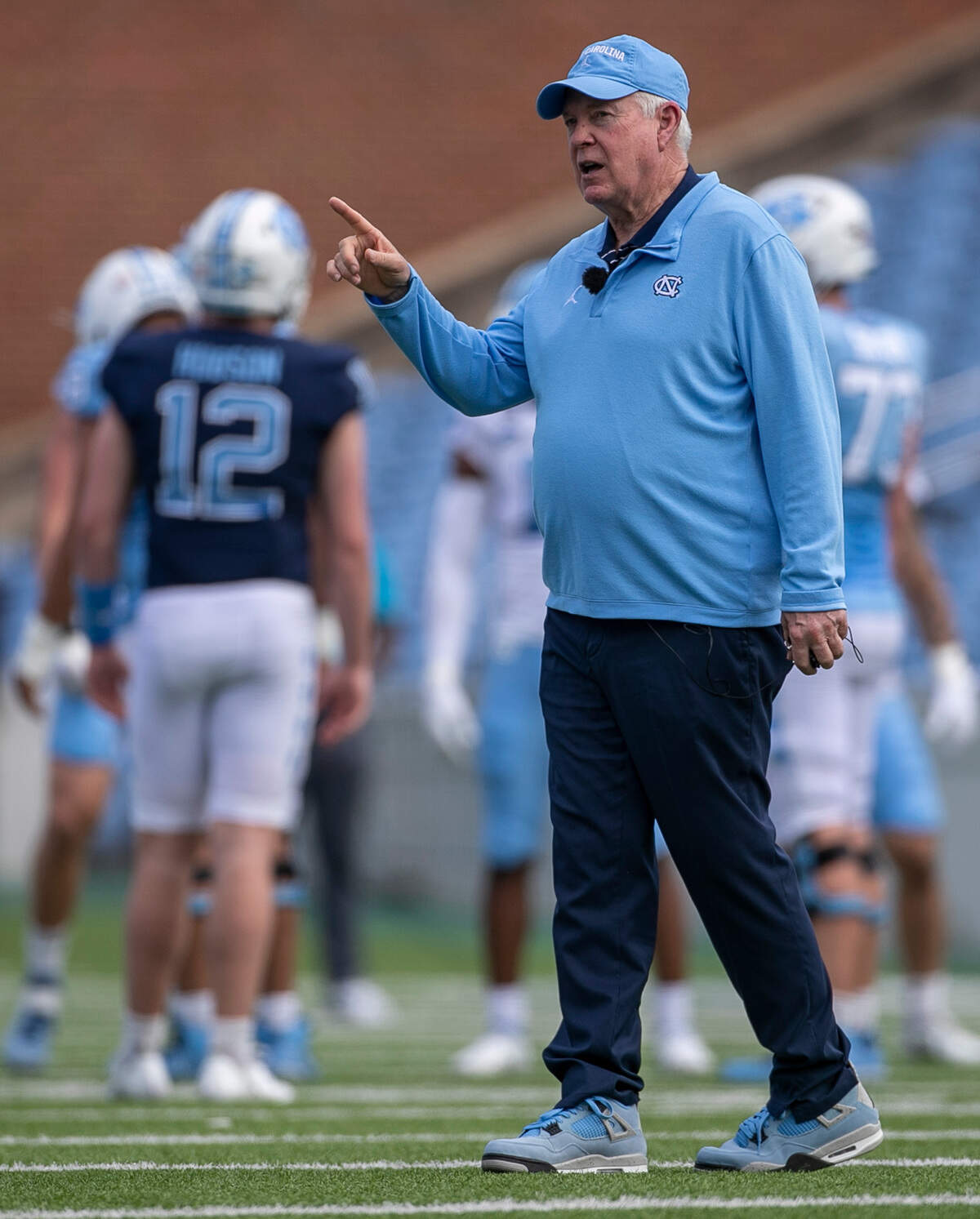 North Carolina head coach Mack Brown walks across the turf during the Tar Heels’ spring football game on Saturday, April 15, 2023 at Kenan Stadium in Chapel Hill, N.C.