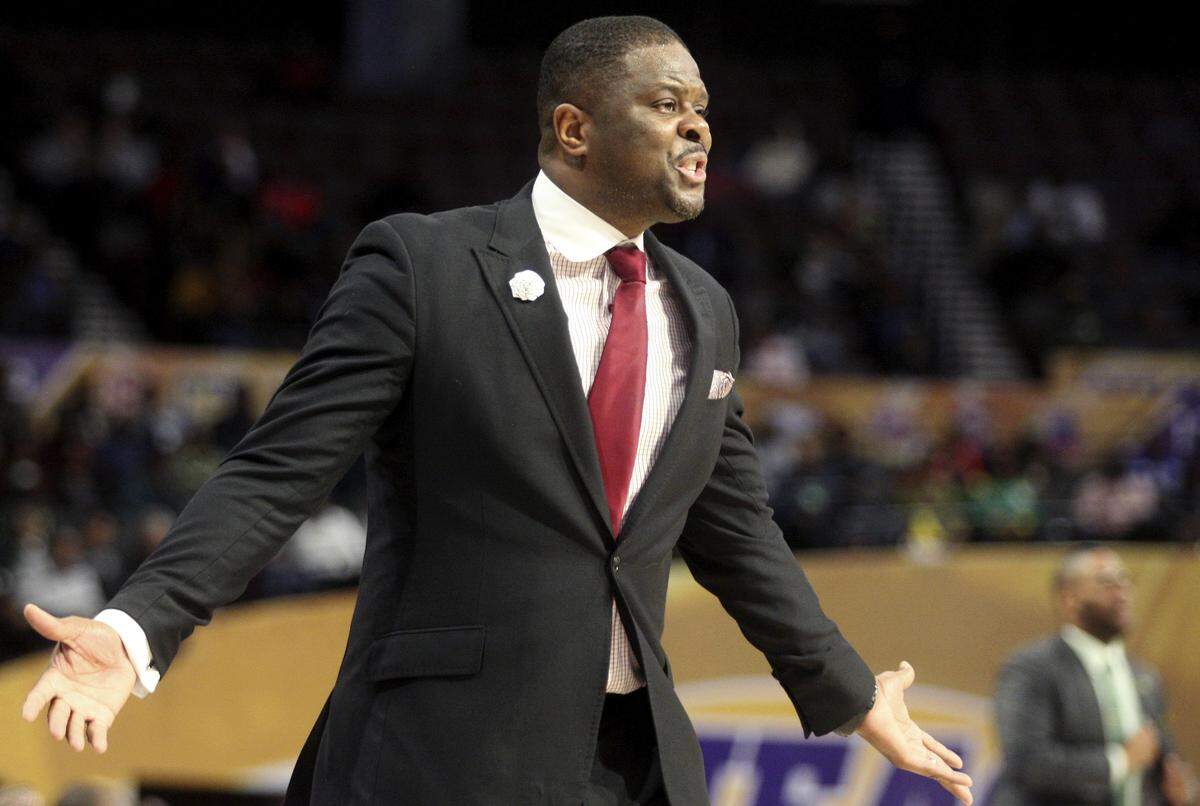 North Carolina Central coach LeVelle Moton directs his team during an NCAA college basketball game against Norfolk State in the championship of the Mid-Eastern Athletic Conference tournament, Saturday, March 16, 2019, in Norfolk, Va.