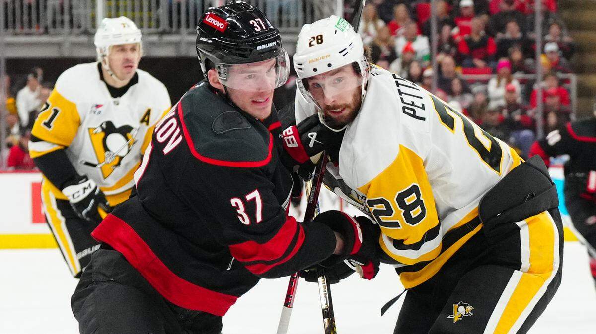 Jan 5, 2025; Raleigh, North Carolina, USA; Carolina Hurricanes right wing Andrei Svechnikov (37) and Pittsburgh Penguins defenseman Marcus Pettersson (28) watch the play during the first period at Lenovo Center. Mandatory Credit: James Guillory-Imagn Images
