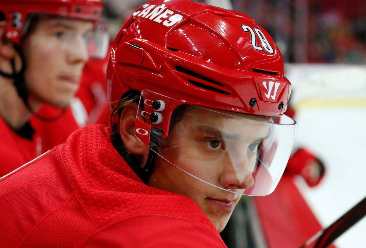 Carolina Hurricanes’ Sebastian Aho (20) of Finland watches the action during the first period an NHL hockey game in Raleigh, N.C., Saturday, Oct. 20, 2018.