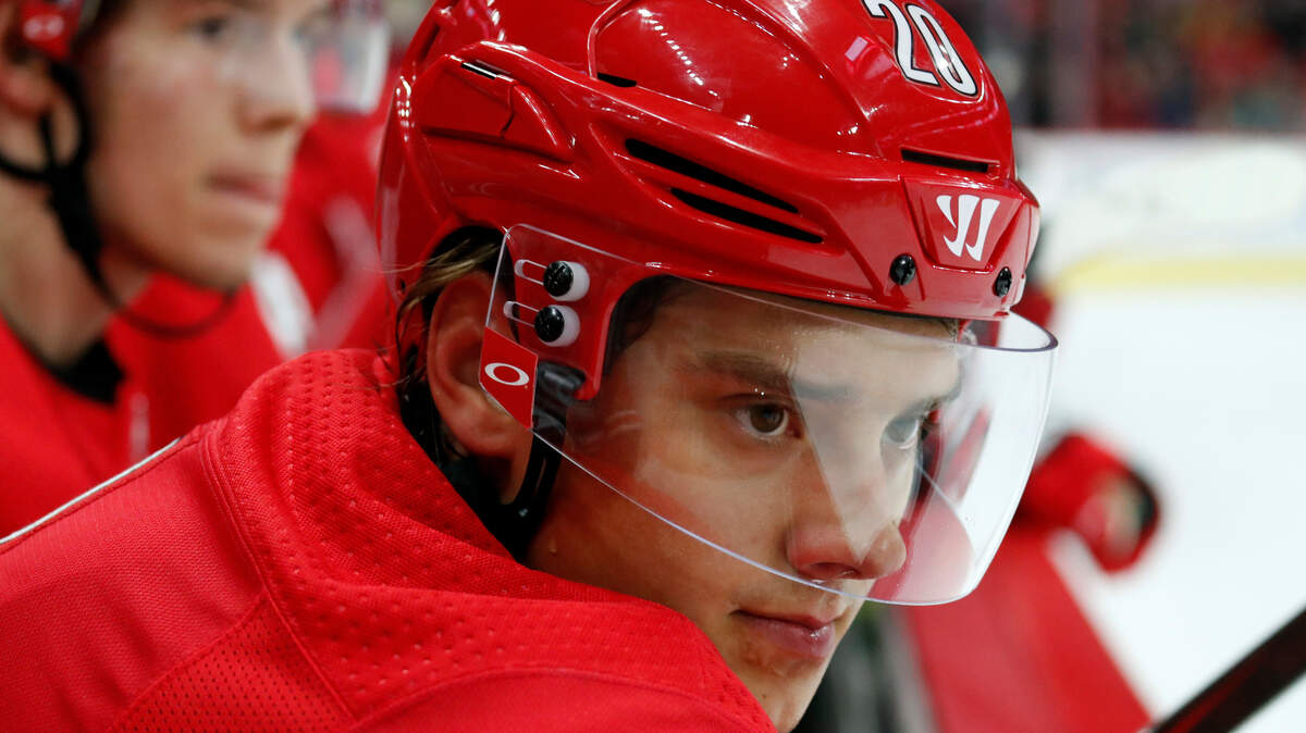 Carolina Hurricanes’ Sebastian Aho (20) of Finland watches the action during the first period an NHL hockey game in Raleigh, N.C., Saturday, Oct. 20, 2018.
