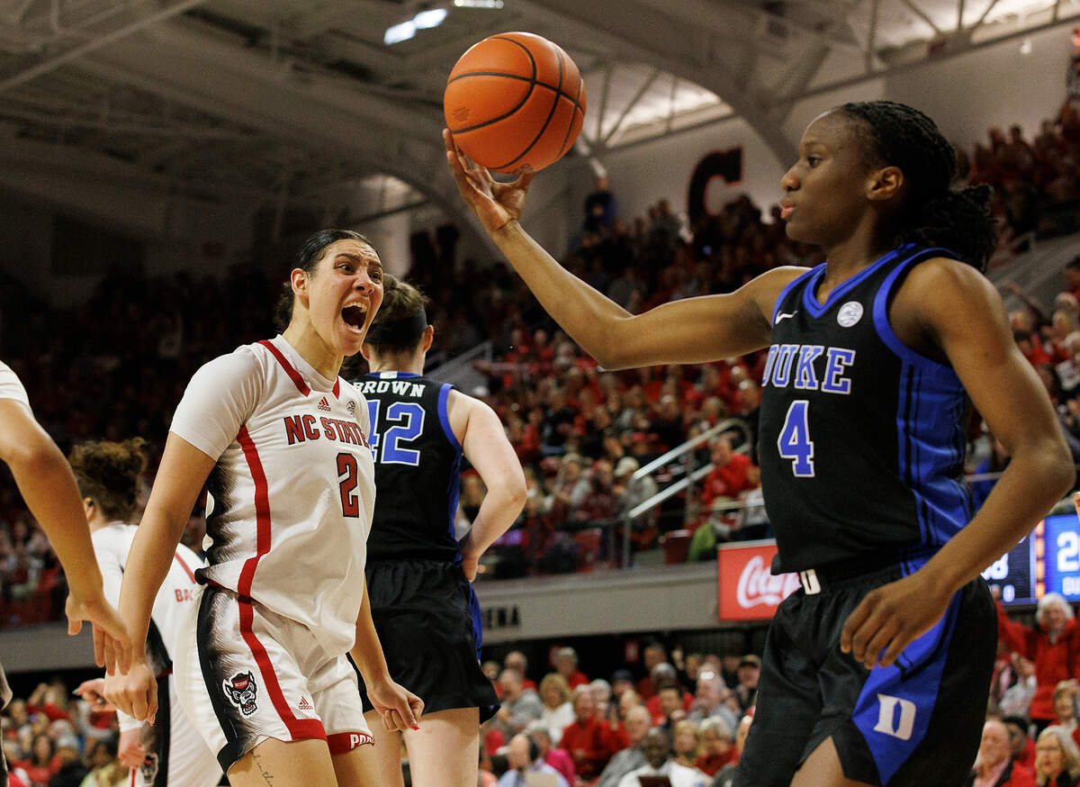 N.C. State’s Mimi Collins reacts after scoring against Duke’s Jadyn Donovan during the second half of the Wolfpack’s 72-57 win on Sunday, Jan. 21, 2024, at Reynolds Coliseum in Raleigh, N.C.