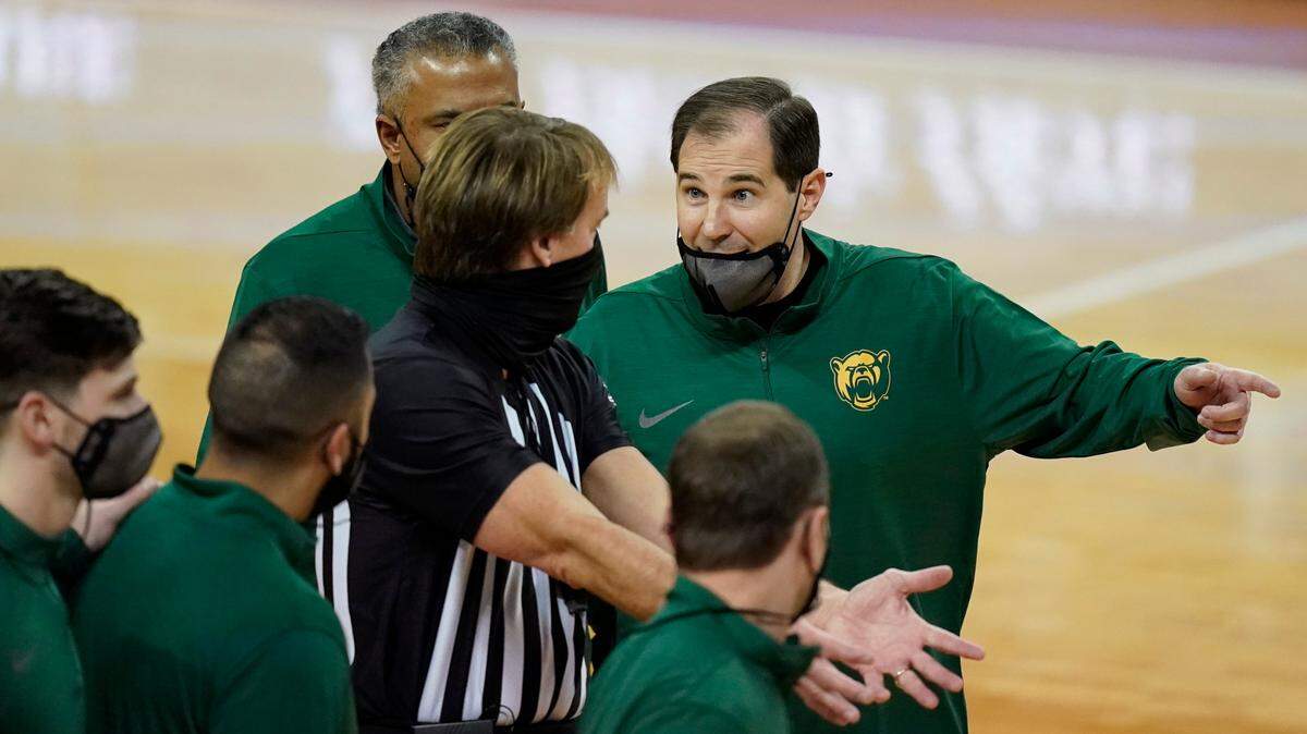 Baylor coach Scott Drew, right, argues a call during the second half of the team’s NCAA college basketball game against Texas, Tuesday, Feb. 2, 2021, in Austin, Texas.