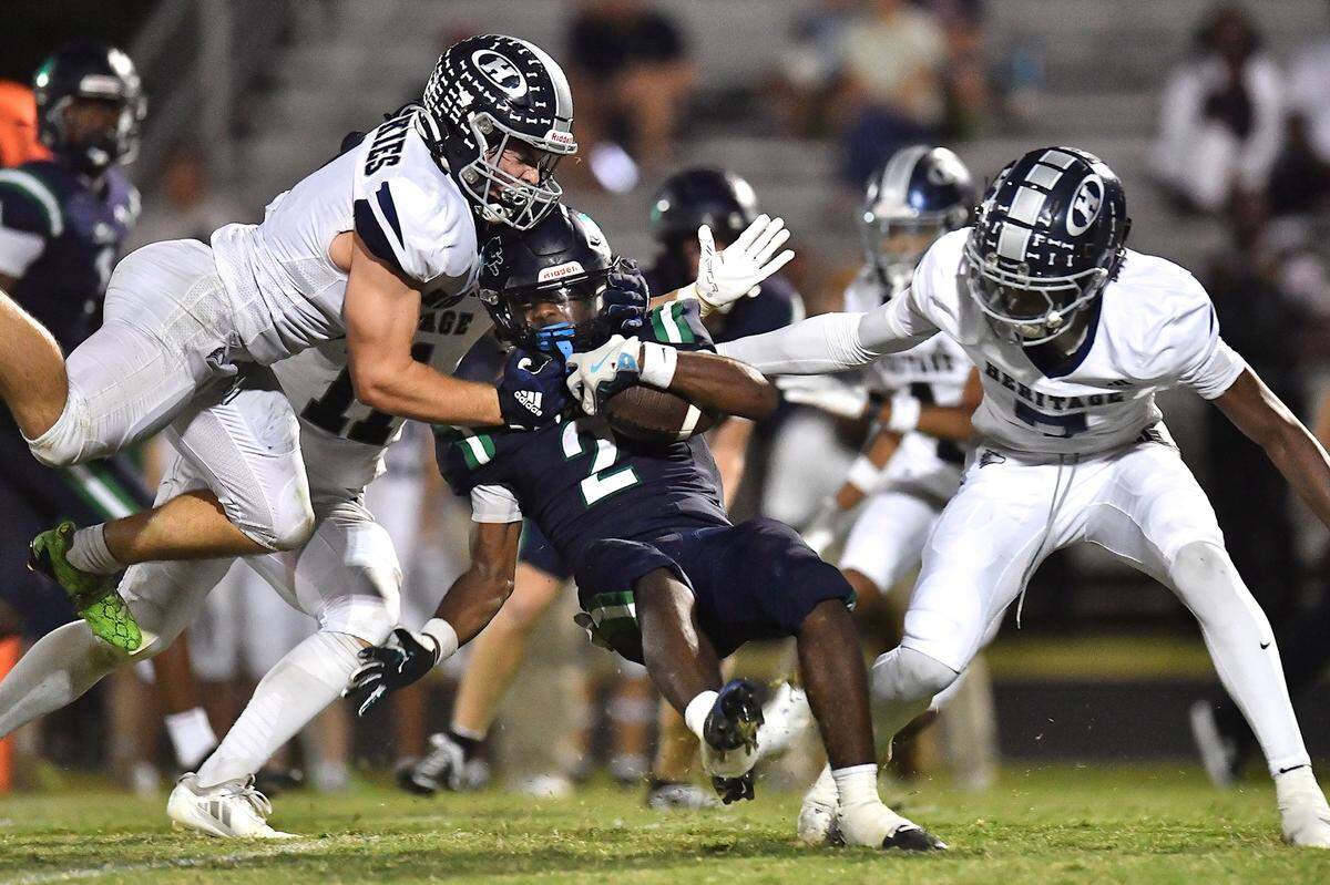 Leesville Road's Akshar Barnes (2) is taken down by the Heritage defense during the second half.  The Leesville Road Pride and the Heritage Huskies met in a  football game in Raleigh, N.C. on September 5, 2025.