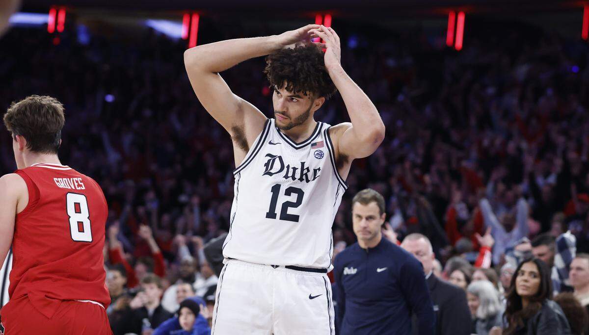 Duke’s Cameron Boozer (12) reacts after his last second shot was not good in Texas Tech’s 82-81 victory over Duke in the SentinelOne Classic at Madison Square Garden in New York City, N.Y., Saturday, Dec. 20, 2025.