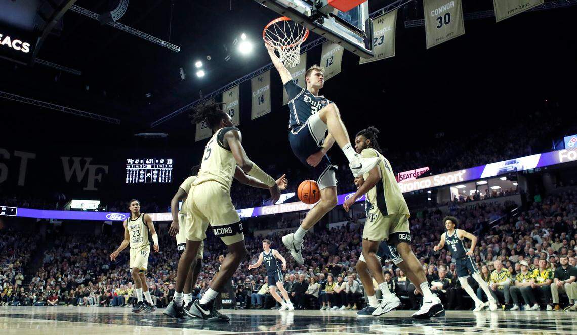 Duke’s Cooper Flagg (2) celebrates after slamming in two in the second half during Duke’s 63-56 victory over Wake Forest at LJVM Coliseum in Winston-Salem, N.C., Saturday, Jan. 25, 2025.