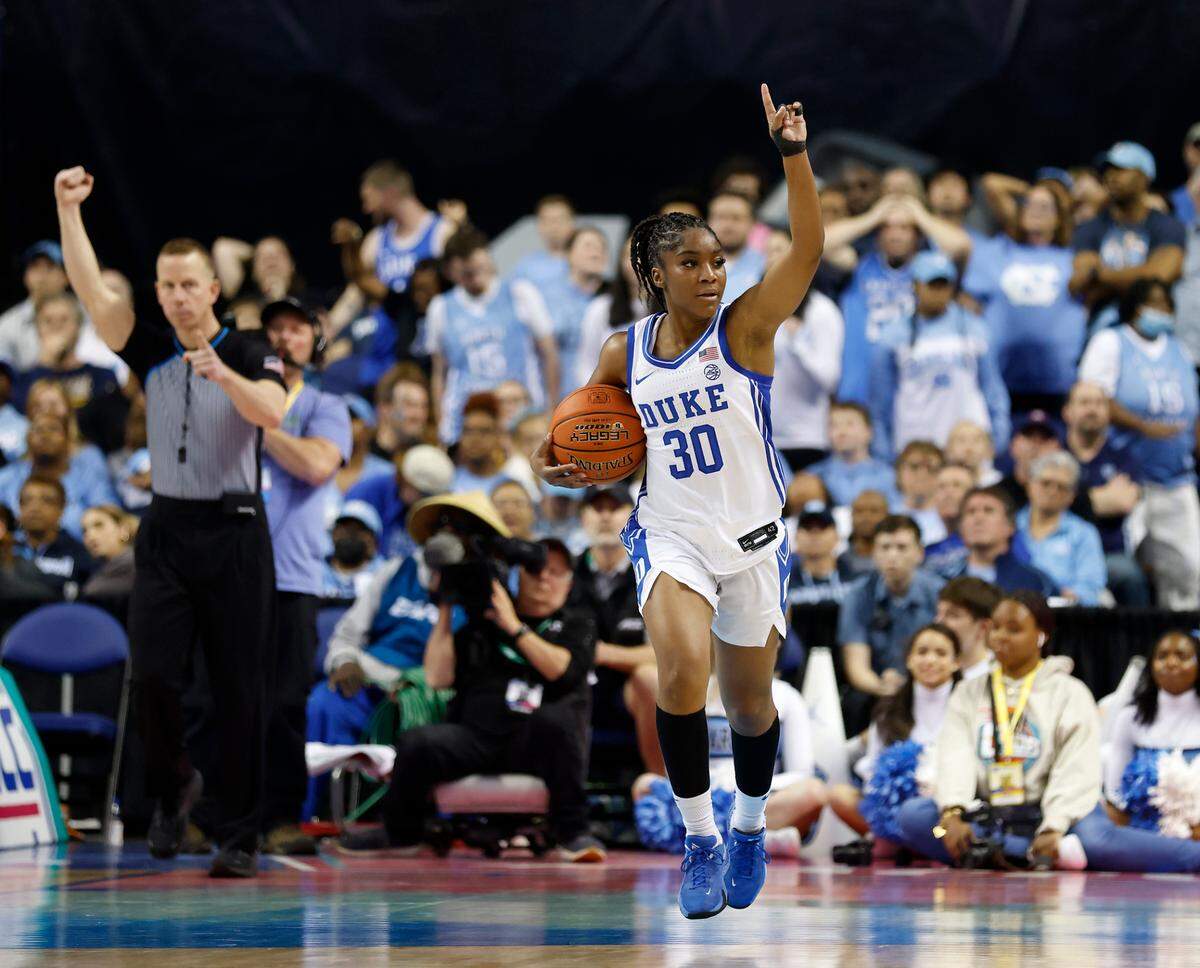 Duke’s Shayeann Day-Wilson celebrates as time expires following the Blue Devils’ 44-40 win over North Carolina in an ACC Women’s Basketball Tournament quarterfinal game on Friday, March 3, 2023, at Greensboro Coliseum in Greensboro, N.C.