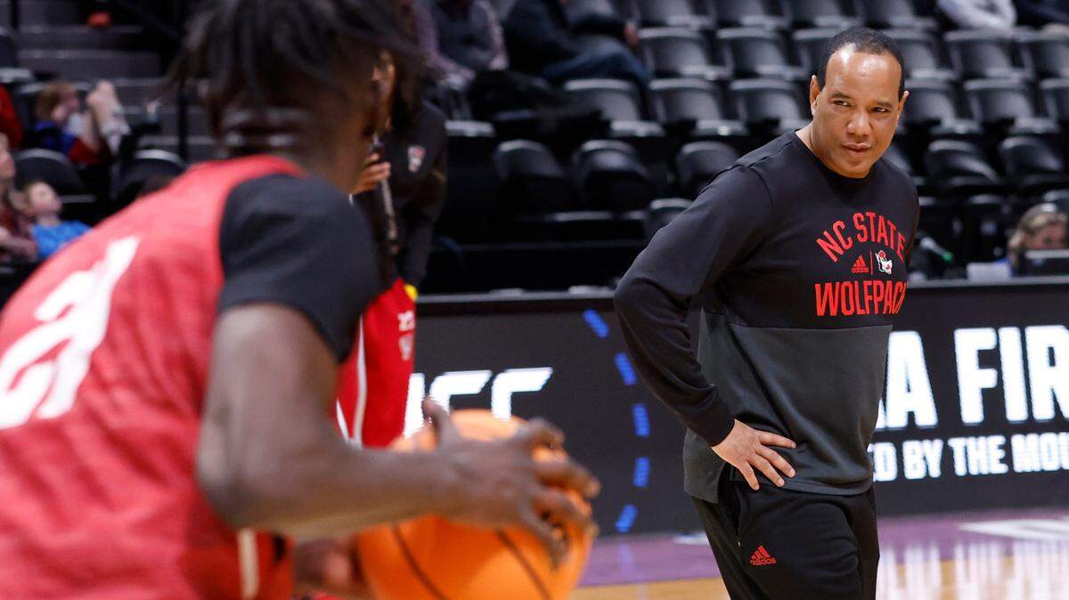N.C. State head coach Kevin Keatts watches the Wolfpack practice at Ball Arena in Denver, Colo. Thursday, March 16, 2023. The Wolfpack will face Creighton in the first round of the NCAA Tournament Friday.