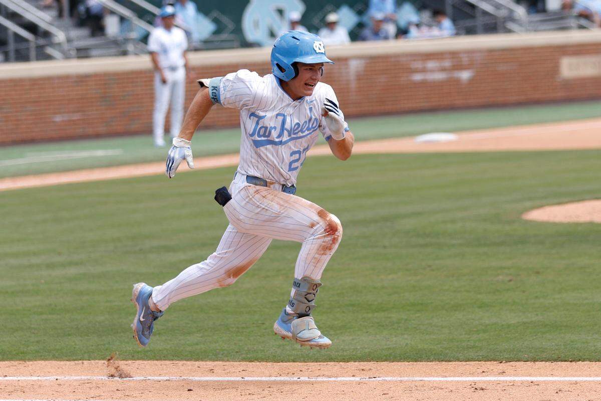 North Carolina’s Kane Kepley (27) heads to first base during UNCÕs 4-0 victory over Holy Cross in the Chapel Hill Regional at Boshamer Stadium in Chapel Hill on Friday, May 30, 2025.