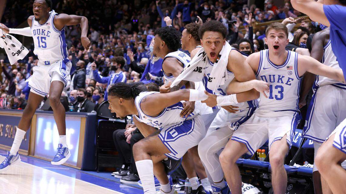 The Duke bench reacts after Keenan Worthington slammed in two late in the second half of Duke’s 103-62 victory over S.C. State at Cameron Indoor Stadium in Durham, N.C., Tuesday, December 14, 2021.