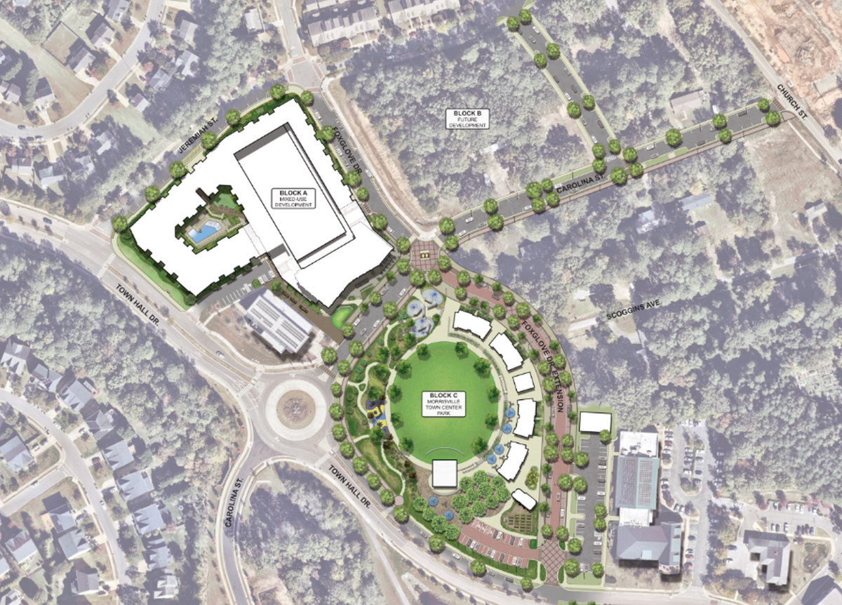 Renderings of the first phase of the Town Center development in Morrisville. Construction begans this fall and should be done in two years.