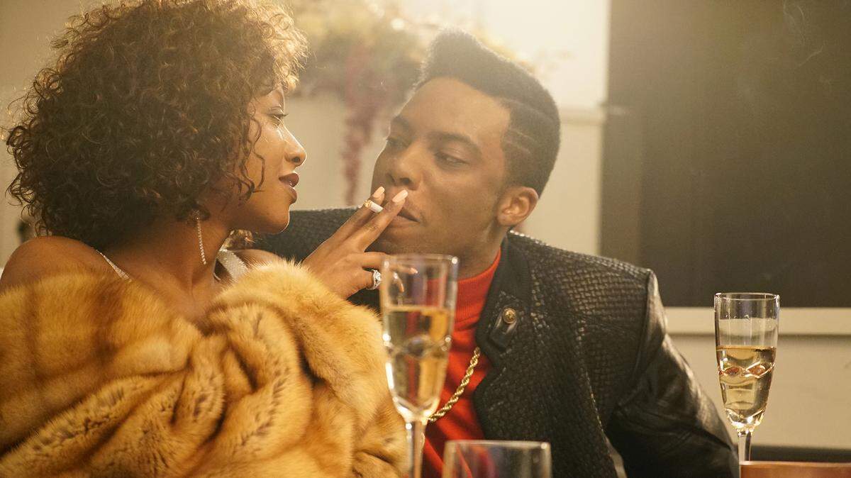 Gabrielle Dennis, left, as Whitney Houston and Woody McClain as Bobby Brown in BET’s “The Bobby Brown Story.”