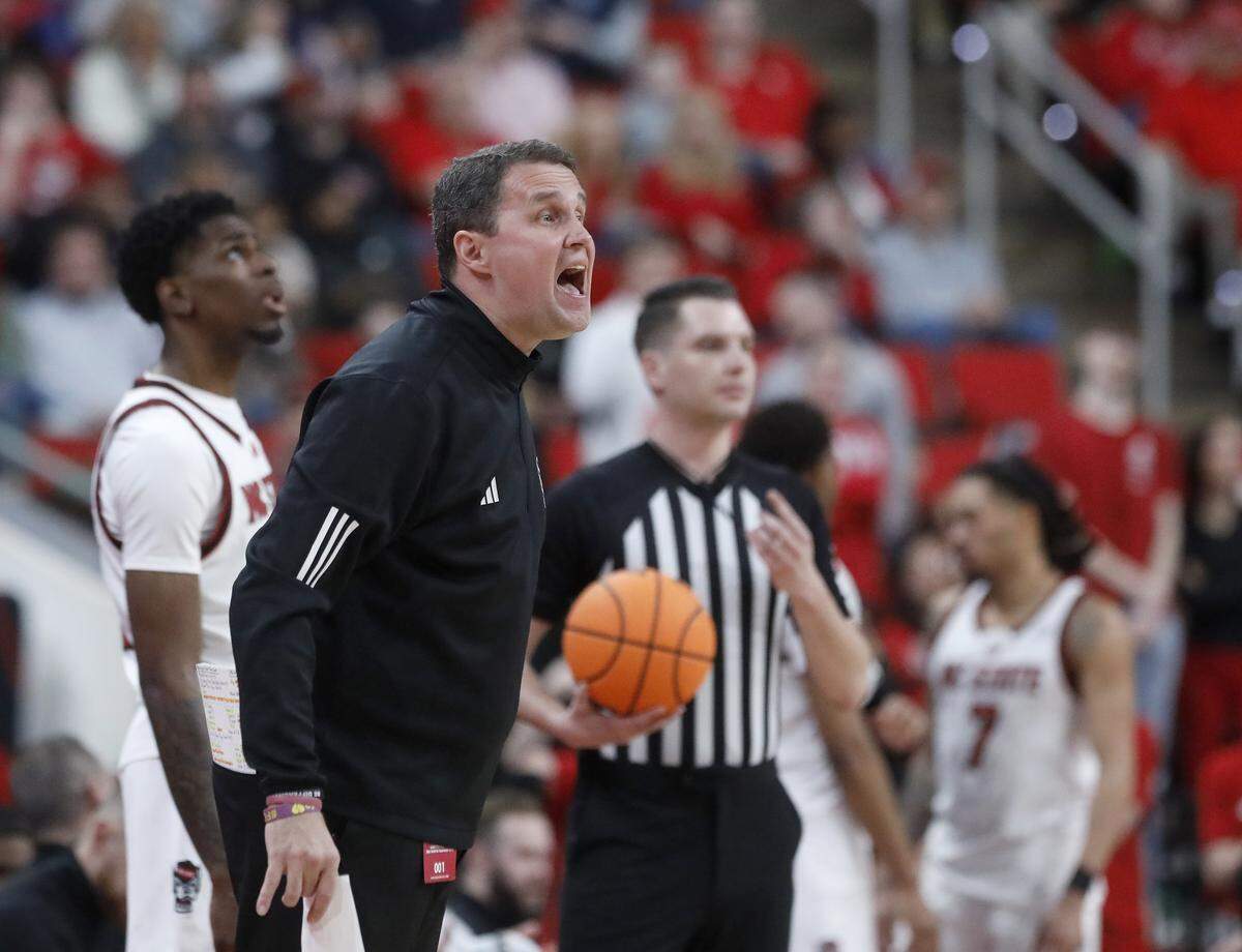 N.C. State head coach Will Wade gives instructions during the first half of the Wolfpack’s game against Georgia Tech on Saturday, Jan. 17, 2026, at Lenovo Center in Raleigh, N.C. 