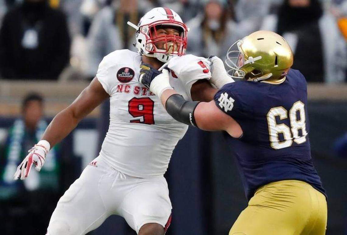 N.C. State defensive end Bradley Chubb, left, tries to get around Notre Dame offensive lineman Mike McGlinchey in October.
