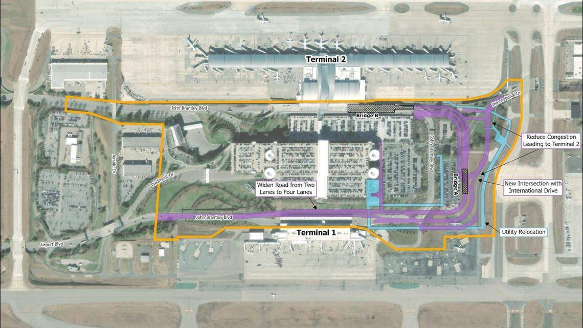 A map showing the planned realignment of John Brantley Boulevard at Raleigh-Durham International Airport. RDU plans to extend the road northward and reconfigure the intersection with International Drive with bridges that help separate traffic.