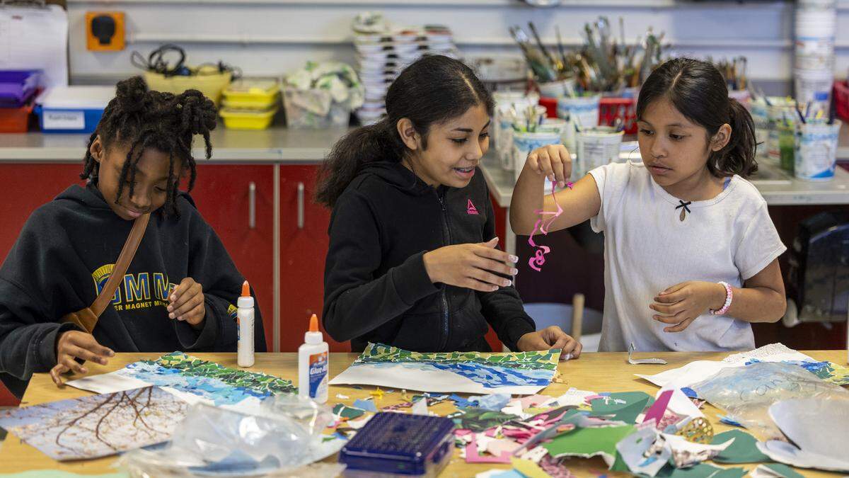 Students make collages during an art class Friday, May 8, 2026, at Washington Magnet Elementary School in Raleigh.