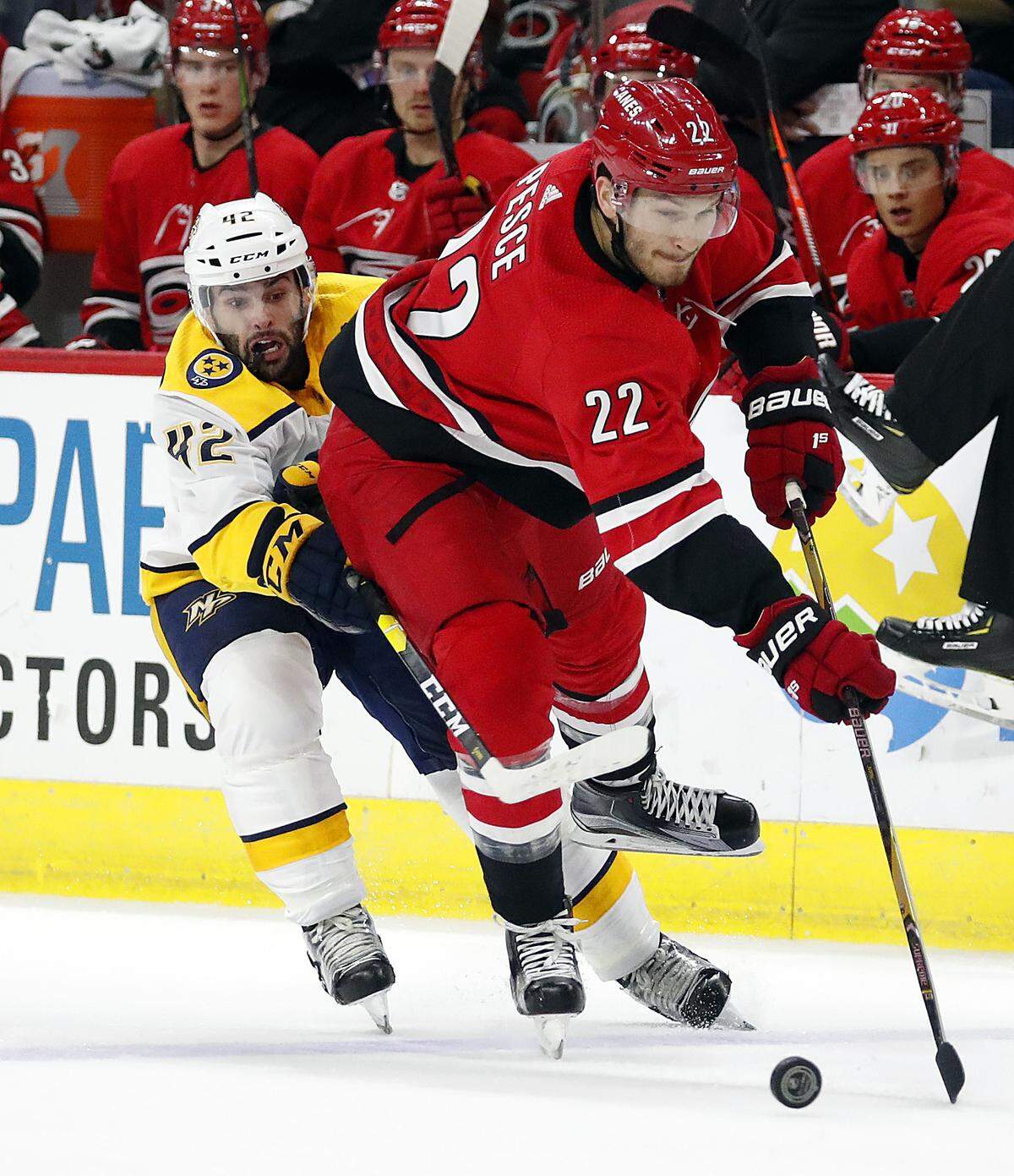 Carolina Hurricanes’ Brett Pesce (22) takes the puck away from Nashville Predators’ Colin Blackwell (42) during the first period of an NHL hockey game, Sunday, Sept. 30, 2018, in Raleigh, N.C. 