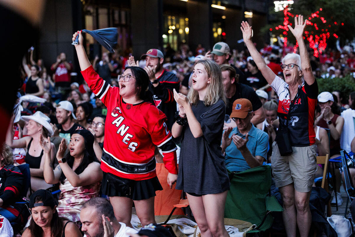 Fans cheered before the first goal during a Stanley Cup finals game 6 watch party at Smoky Hollow on June 14, 2026, in Raleigh, North Carolina.