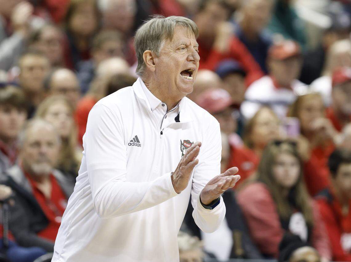 N.C. State's head coach Wes Moore cheers on the team during the second half of N.C. State’s 83-75 exhibition victory over Maryland at the First Horizon Coliseum in Greensboro, N.C., Sunday Oct. 26, 2025.