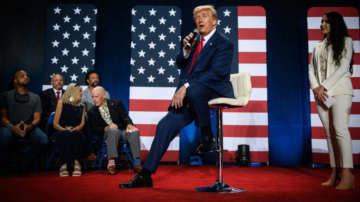 Republican presidential nominee and former U.S. President Donald Trump speaks at a town hall event at the Crown Arena on Friday, October. 4, 2024.