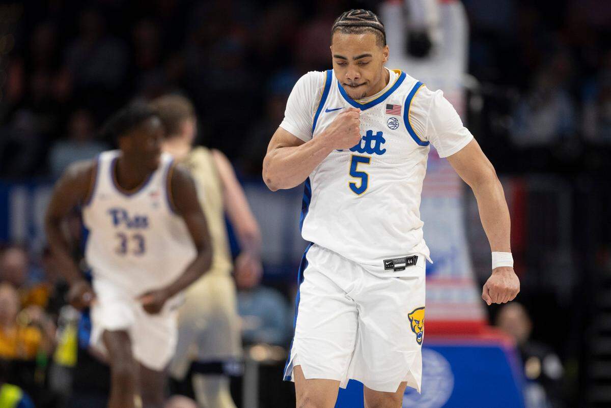 Pittsburgh’s Ishmael Leggett (5) reacts after a basket in the second half against Wake Forest in the quarterfinals of the ACC Men’s Basketball Tournament at Capitol One Arena on Wednesday, March 13, 2024 in Washington, D.C. Leggett led all scores with 30 points in Pitt’s 81-69 victory.