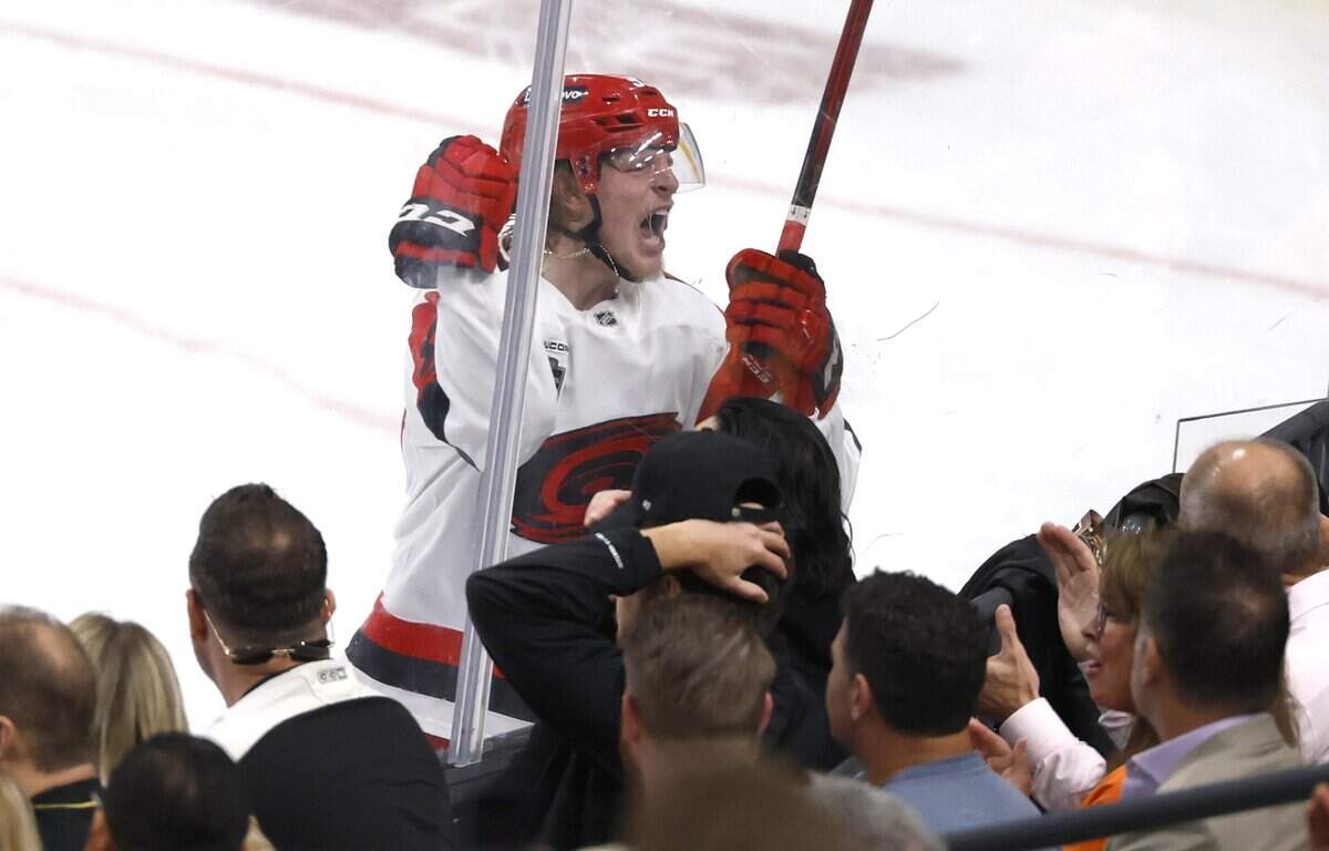 Carolina's Jackson Blake (53) celebrates scoring in the second period of the Hurricanes’ game against the Golden Knights in Game 6 of the Stanley Cup Final at T-Mobile Arena in Las Vegas, Nev., Sunday, June 14, 2026.